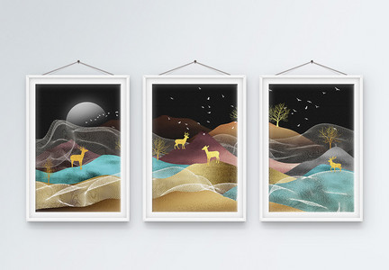 轻奢新中式抽象风景山水麋鹿树木装饰画图片