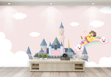 卡通粉色儿童公主房梦幻城堡墙纸幼儿园背景墙壁画图片