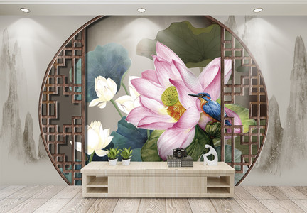 3d中式手绘水墨荷花电视背景墙图片