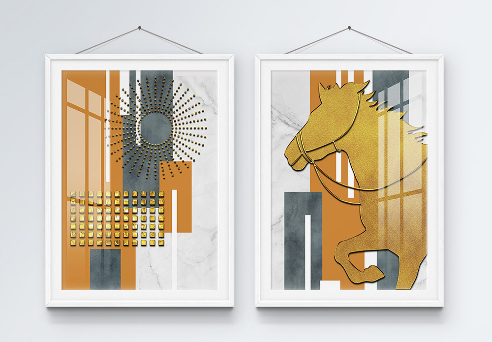 新马shi抽象简约几何质感金色马装饰画模板
