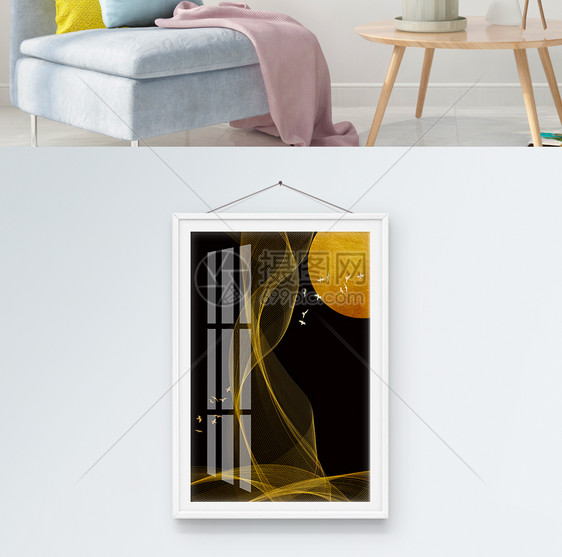 现代简约抽象金色线条客厅装饰画图片