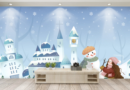 卡通手绘冬季城堡儿童背景墙高清图片