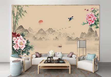 新中式花鸟牡丹壁画背景墙图片