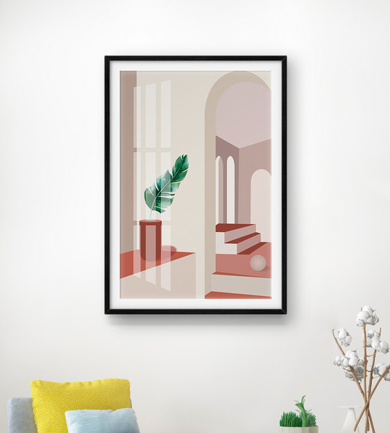 现代简约莫兰迪色系空间建筑客厅装饰画图片
