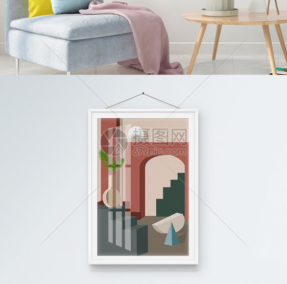 北欧轻奢几何立体建筑客厅装饰画图片