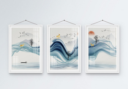 手绘新中式抽象意境山水三联框装饰画图片