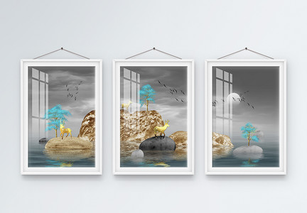 新中式手绘轻奢抽象意境山水麋鹿装饰画图片