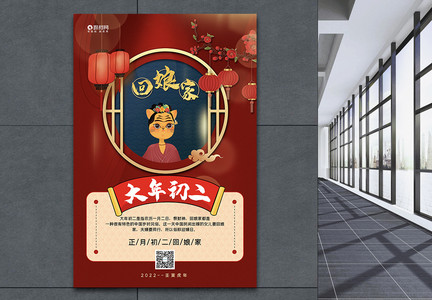 红蓝撞色中国风牛年大年初二新年年俗系列海报图片