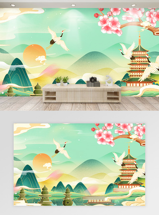 雷峰塔清新中式手绘国潮风电视背景墙模板