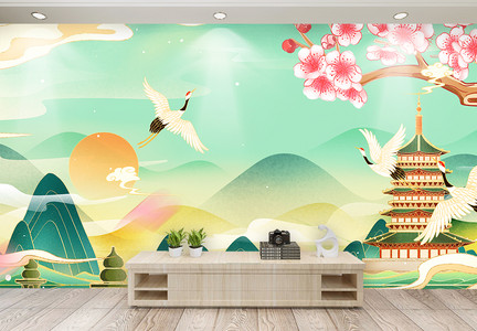 清新中式手绘国潮风电视背景墙图片