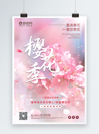 粉色写实风樱花季旅游海报图片