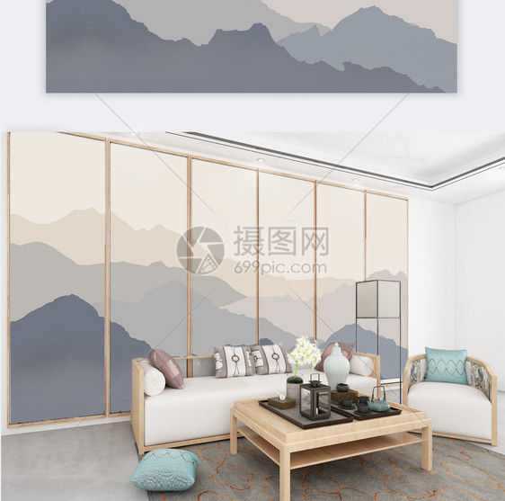 新中式现代轻奢远山风景蓝色大气壁画背景墙图片