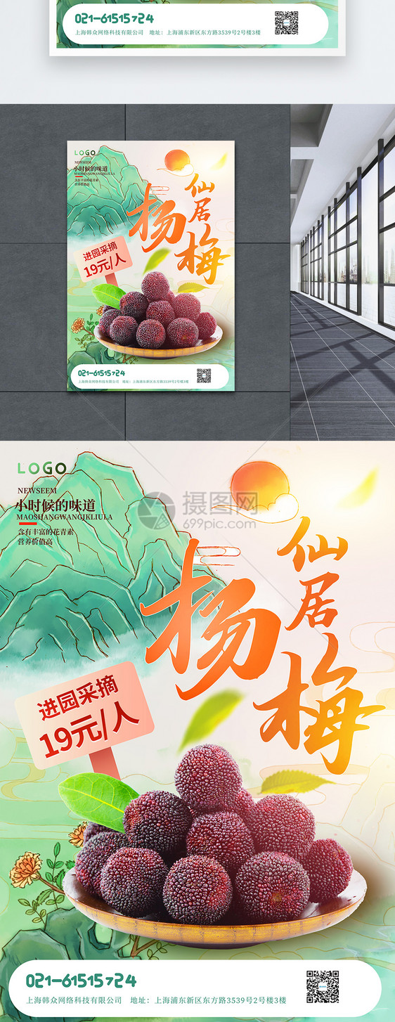 杨梅上市国潮插画风促销宣传海报图片