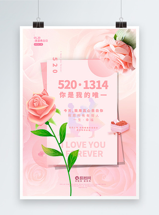 浪漫花瓣粉色清新贺卡风520表白日海报模板