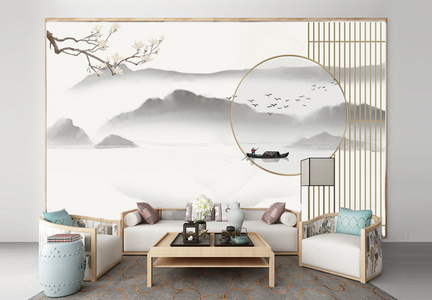 新中式山水墙纸壁画背景墙图片