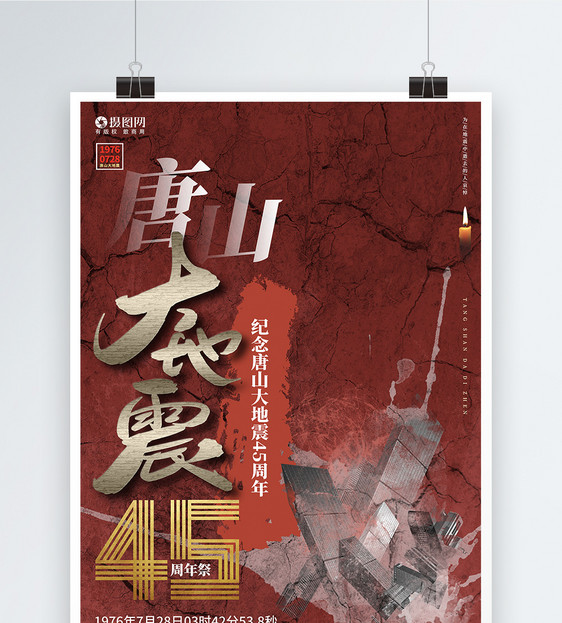 红色创意唐山大地震45周年公益海报图片