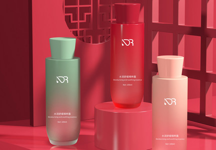 红色中式3d化妆品包装瓶样机图片