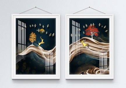 新中式抽象轻奢意境山水麋鹿装饰画图片