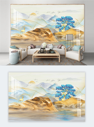 新中式手绘意境抽象山水画背景墙图片