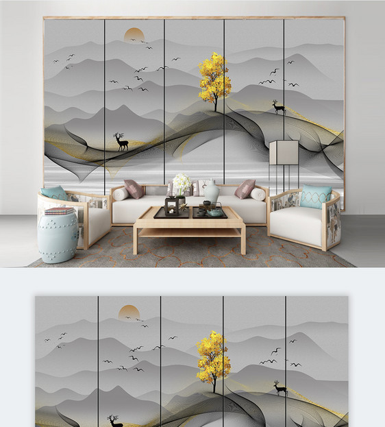 新中式手绘抽象意境山水风景背景墙图片