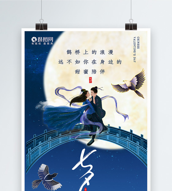 简约蓝色七夕情人节节日海报图片
