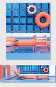 蓝色夏季立体C4D场景海报背景图片