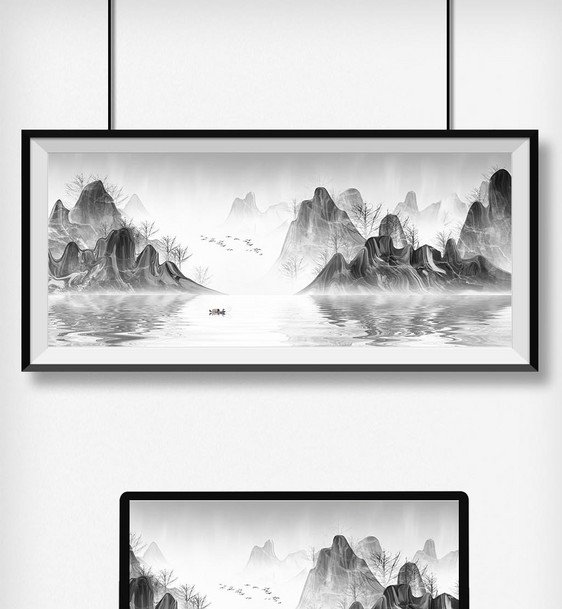 手绘中国风黑白意境水墨山水风景画图片