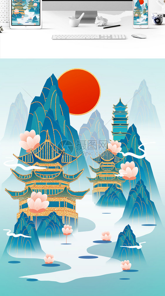 蓝金色鎏金中国风凤凰建筑插画图片
