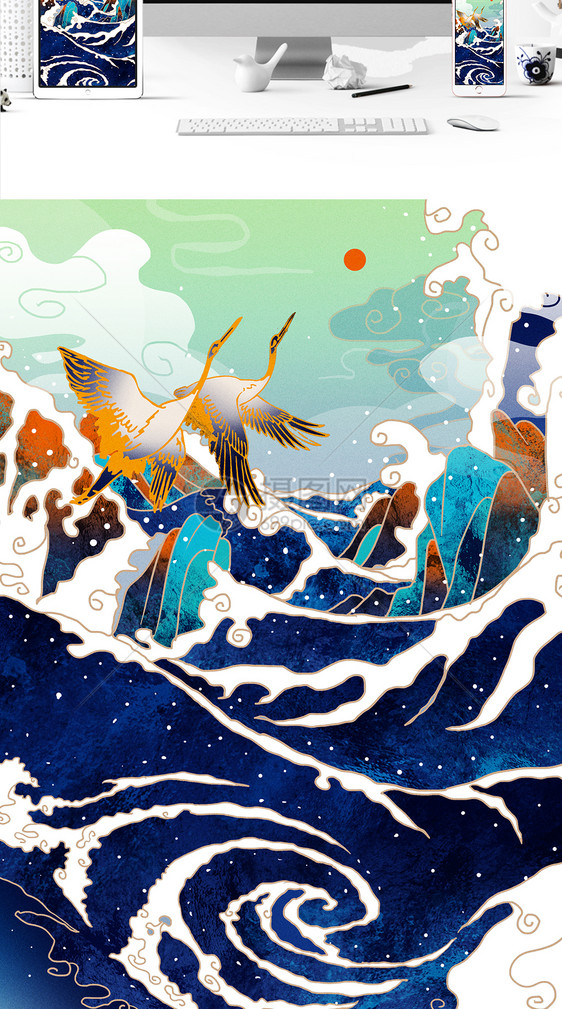 蓝色中国风海浪风景插画图片