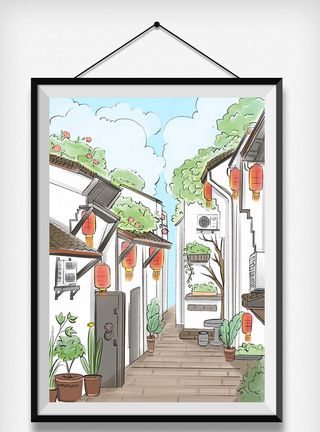 水彩水墨中国风城市乡镇街道江南风景图片