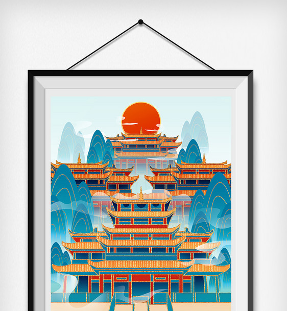 鎏金中国风古建筑风景插画图片