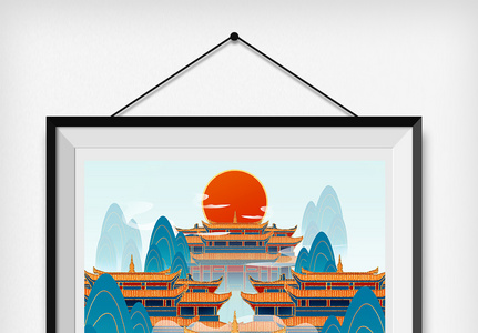 鎏金中国风古建筑风景插画图片