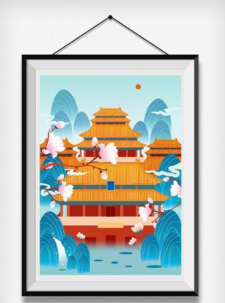 金色鎏金中国风北京建筑风景插画图片