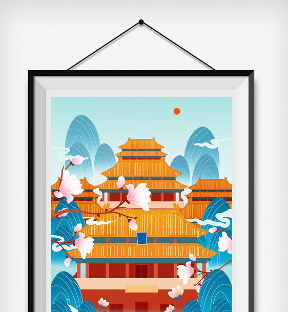 金色鎏金中国风北京建筑风景插画图片