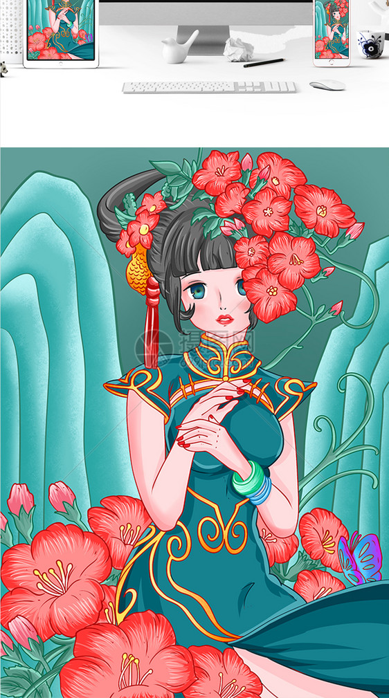 手绘国潮女孩红色花朵复古可爱女孩插画图片