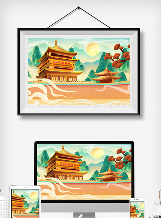 中国风古风国潮山水建筑插画图片