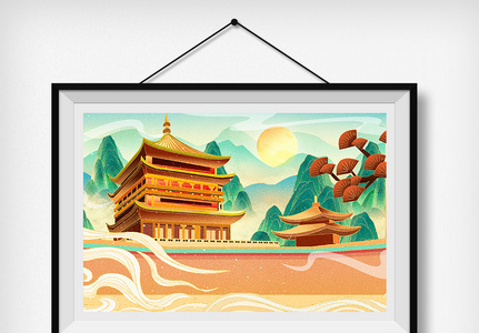 中国风古风国潮山水建筑插画图片