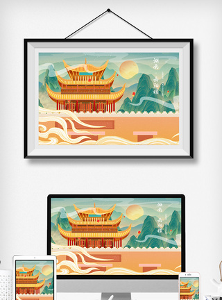 中国风古风国潮山水建筑插画图片