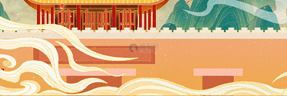 中国风古风国潮山水建筑插画图片