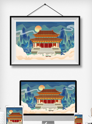 中国风国潮古风山水建筑插画图片