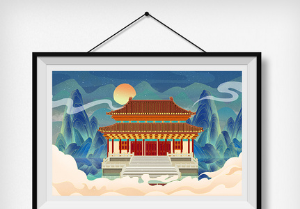 中国风国潮古风山水建筑插画图片