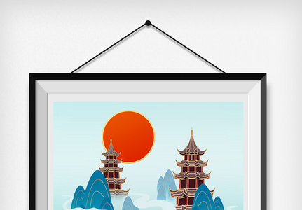 蓝色鎏金中国风夫子庙插画图片