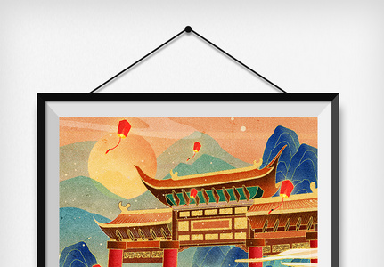 国潮古风中国风山水建筑插画图片