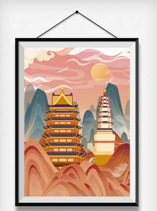 中国风国潮古风山水建筑插画图片