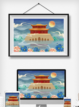 中国风古风国潮山水建筑插画图片