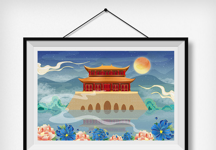 中国风古风国潮山水建筑插画图片