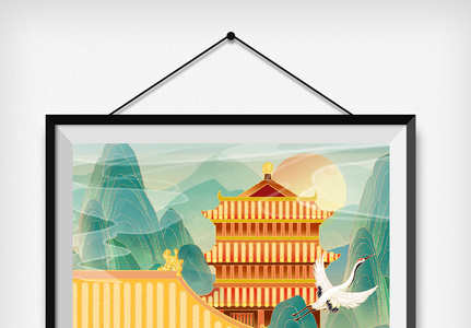 中国风国潮古风山水建筑插画图片