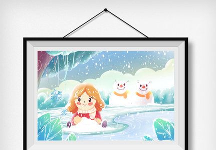 小雪场景唯美插画小女孩玩雪堆雪人场景图片