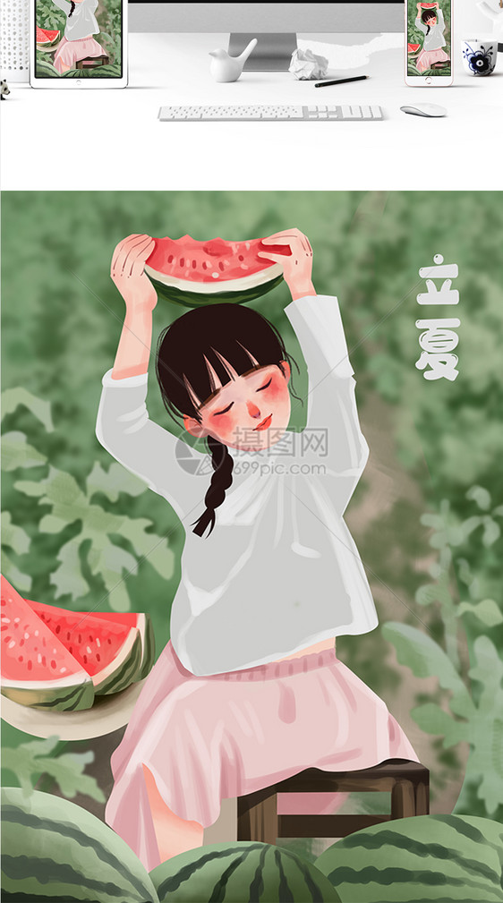 立夏西瓜地里的女孩插画图片