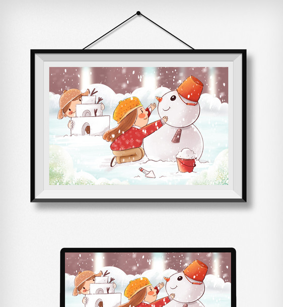 小雪节气可爱插画堆雪人可爱人物树林积雪图片